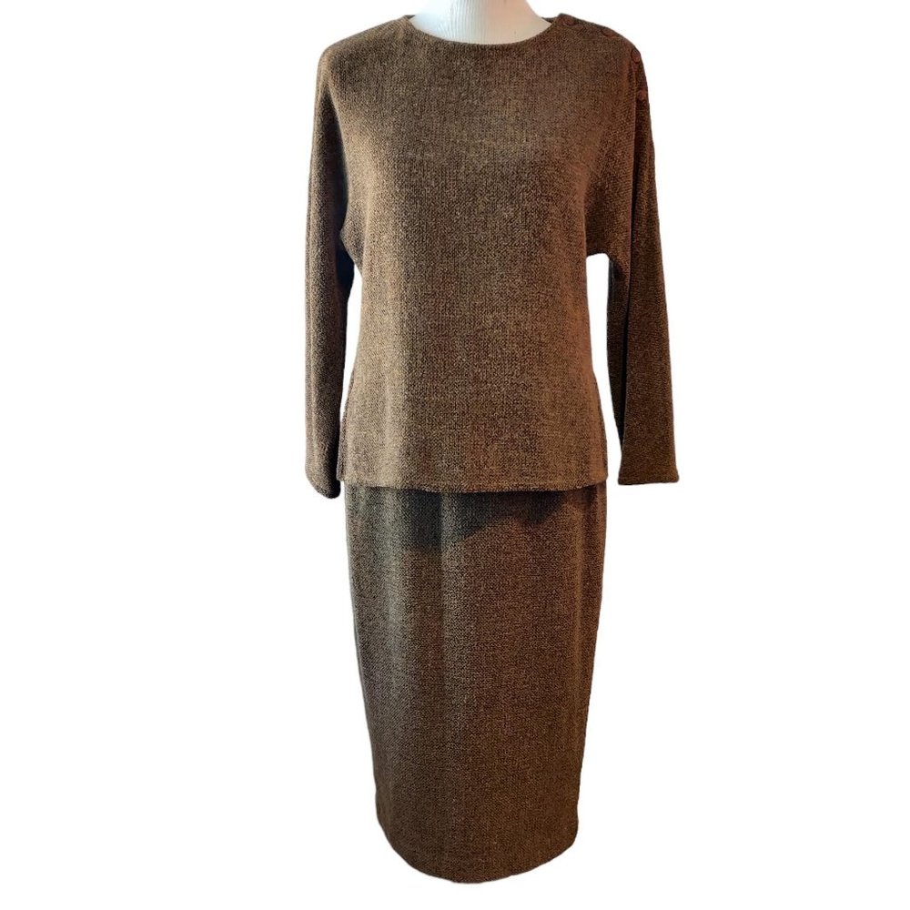 Ron Leal Womens Vtg Brown Cotton Wool Silk Blend Modest Pencil Skirt Top Set 8